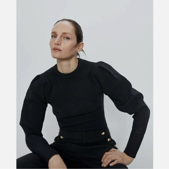 Zara Knit Balloon Sleeve Ribbed Long Sleeve Top Small - Picture 1 of 9